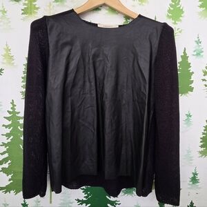 Zara Black Faux Leather Top with Knit Sleeves